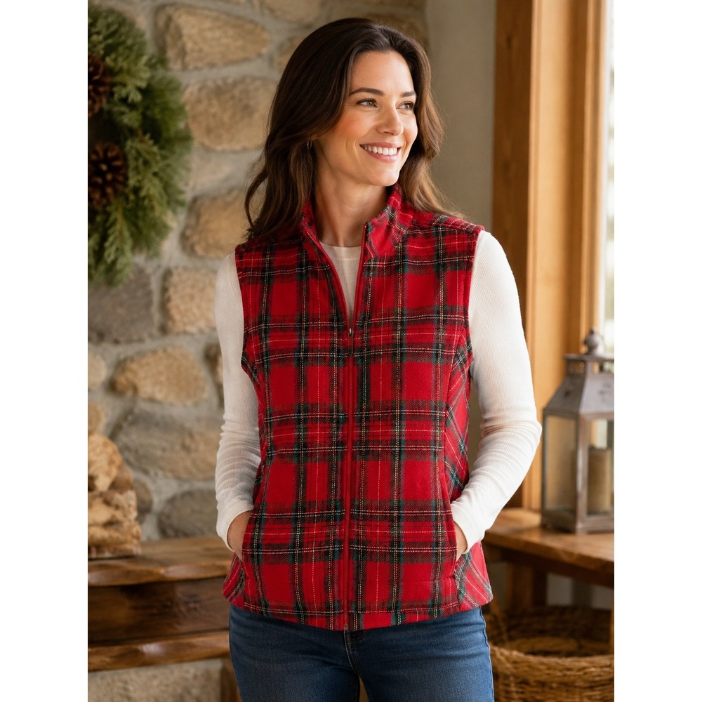 Vermont Country Store Vest Red Excellent Quilted Plaid Wool Blend Mock Neck L